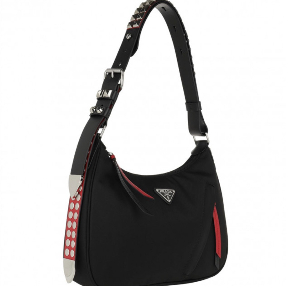 Prada Vela Nylon Shoulder Bag w/Studs - Black/Red